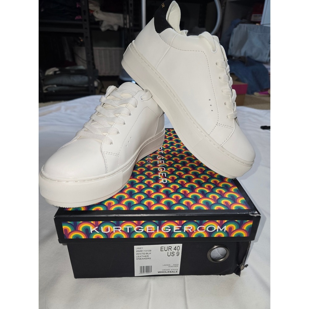 Kurt Geiger London Laney White Leather Platform Sneakers Black Heel Tab Womens 9